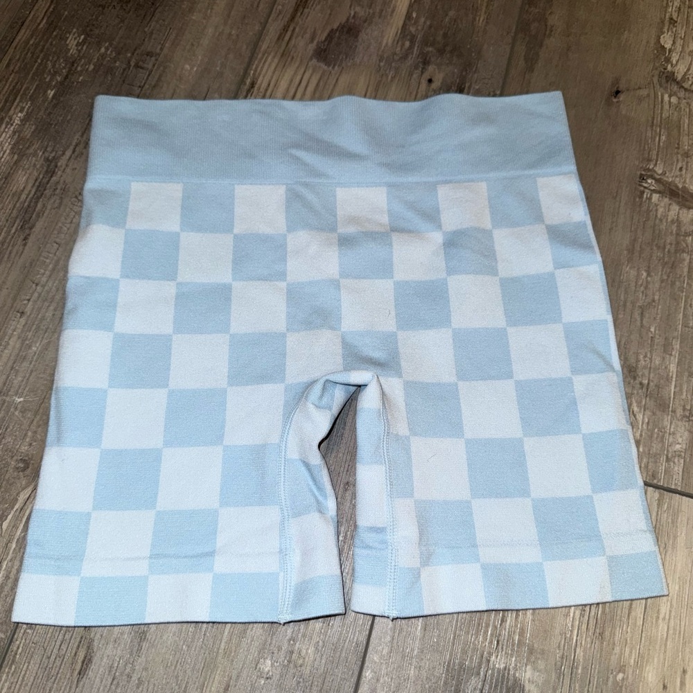 blue checkered biker shorts
